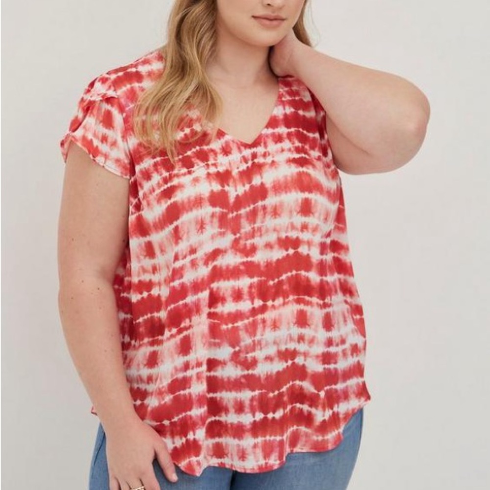 Torrid 0 Red Tie Dye Stripe Georgette Tulip Sleeve Blouse